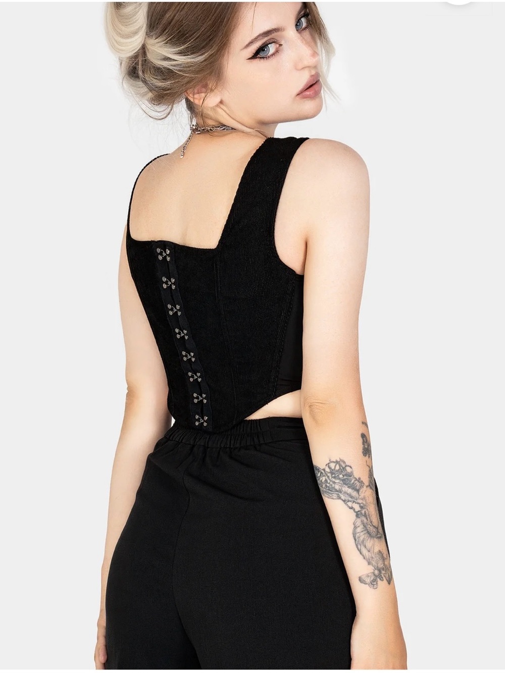 NWT Disturbia Immortal Split Front Corset Black Corduroy Sz 2 Goth Skeleton - Picture 3 of 13